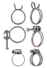 Three types of clamps for sealing a garden hose on an isolated background.