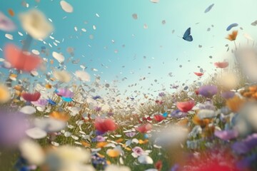 Obraz na płótnie Canvas Wild field of flowers with butterfly. Spring garden. Generate Ai