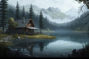 Fototapeta premium Relaxing view of a wood log touristic cabin with a lake nearby and mountain. Beautiful serene rustic landscape illustration. Ai generated