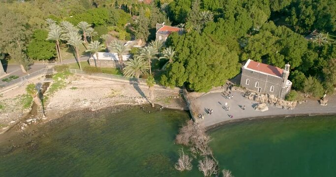 Aerial view of a religious sit by the lake, Tabgha, Sea of Galilee, Israel.
