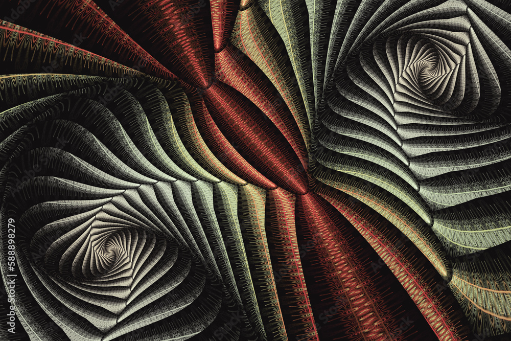 Poster red gray swirling pattern of crooked waves on a black background. abstract fractal 3d rendering