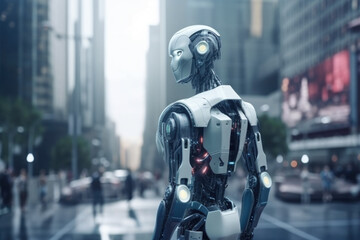 Fototapeta na wymiar AI Bot in a City Background, AGI, 3D Render, Future, Wallpaper