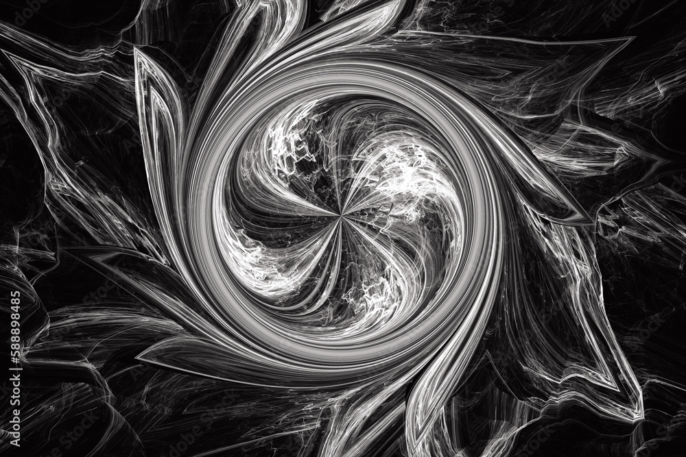 Poster white swirling pattern of crooked waves on a black background. abstract fractal 3d rendering