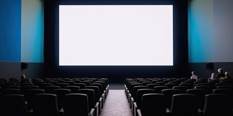 Empty dark cinema with glowing white screen. Generative ai.