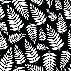 Vector abstract black and white tropic leaves repeating pattern background.
