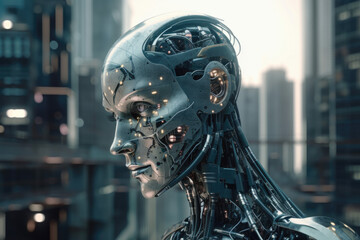 Fototapeta premium AI Bot in a City Background, AGI, 3D Render, Future, Wallpaper