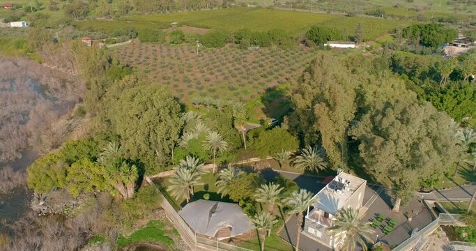Aerial view of a religious sit by the lake, Tabgha, Sea of Galilee, Israel.