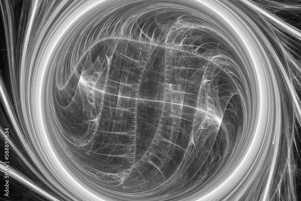 Poster white swirling pattern of crooked waves on a black background. abstract fractal 3d rendering