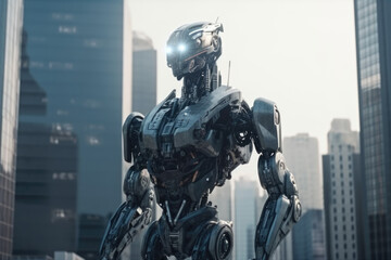 Naklejka premium AI Bot in a City Background, AGI, 3D Render, Future, Wallpaper