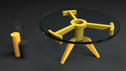 Glass top table with wooden base. Furniture design. 3d render. Yellow furniture isolated on black background