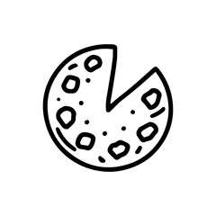 Pie without one piece. Isolated vector image of pastry. Sliced round pie or pizza. An incomplete dish. Open pie with filling. Drawing, icon from black lines.