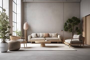 Modern room design, sofa furniture, and plants in a minimalist atmosphere. Generative AI