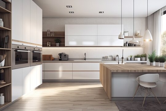 Kitchen counters in white and gray with an oven. Inside of a contemporary kitchen. Visualization of a cozy home. two exposure tonal picture. Generative AI