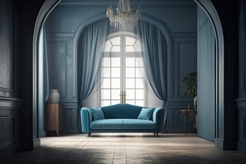 Neoclassical living room with copy space and molded walls. Parquet flooring and an arched door with a curtain. delicate shades of white and blue, contemporary velvet sofa. traditional interior design