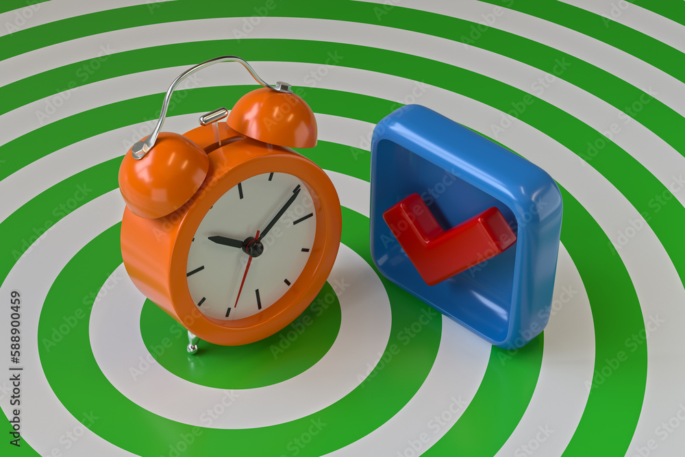 Poster vintage alarm clock with check box on target background. 3d rendering