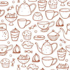 Teapots and cups. Vector   pattern.