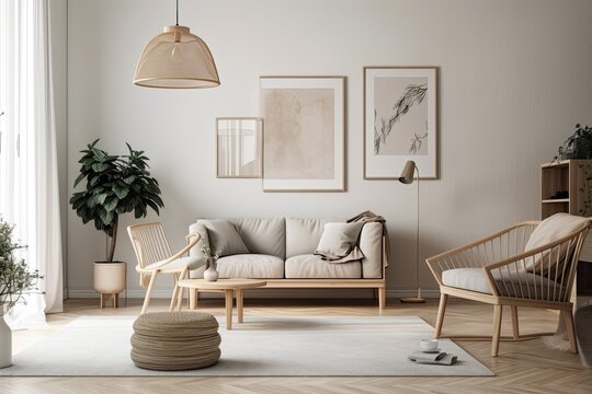 Scandinavian style living room with natural furnishings in the background of a mock up frame. Generative AI