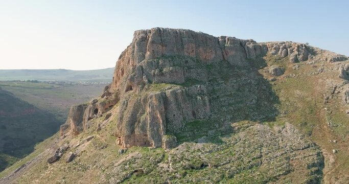Aerial view of a mountain cliff, Arbel Nature Reserve, Sea of Galilee, Israel.