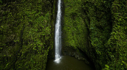 Hawaii waterfall. Green Hawaiian hike nature. Travel destination.