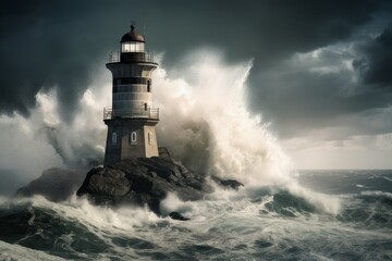 Fototapeta na wymiar Ocean storm at lighthouse. Generate Ai
