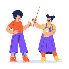 Little Boy and Girl Standing with Pointer and Book Exploring Space and Galaxy Vector Illustration