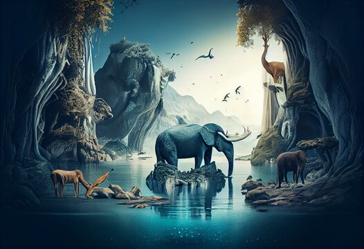 Gorgeous Fantasy Utopian World Where Animals And Nature Live In Harmony Background. Generative AI