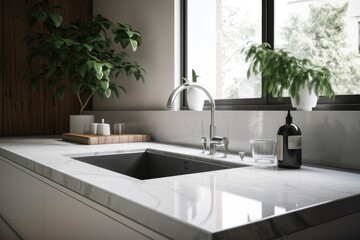 Naklejka na ściany i meble modern sink with white countertop in the kitchen,. Generative AI