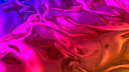 Fototapeta premium 3D render beautiful folds of foil with gradient iridescent blue red color in full screen, as clean fabric abstract background. Simple soft material with crease like waves on liquid surface. 137