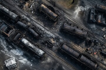 Fototapeta na wymiar Train derailment top view. Generate Ai