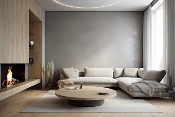 Obraz na płótnie Canvas Interior of a white, wood floored, fireplace equipped living room with a gray sofa next to a round coffee table. a mockup. Generative AI