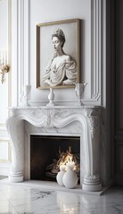 Timeless Elegance: Luxury White Marble Fireplace in Interior Design. Generative AI