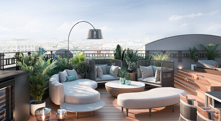 Residential building luxary roof terrace with furniture and pool advertisement premium rendering