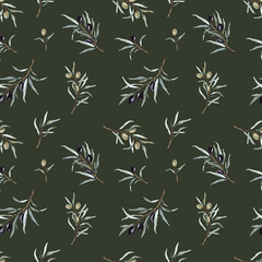 Watercolor seamless pattern with black and green olives and branch. Hand painted olives isolated on white background. Botanical illustration for design, print, fabric or background