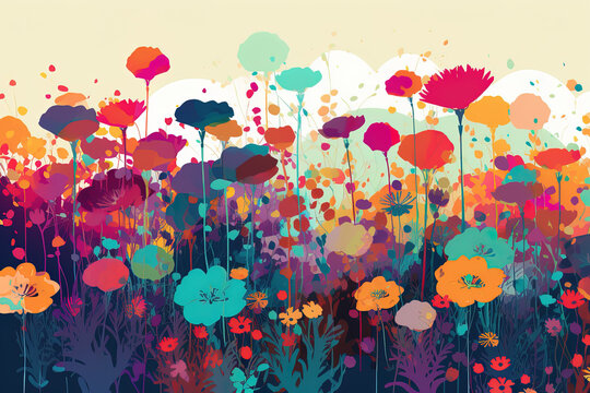 Abstract colorful colors Illustration of flower meadow . Concept nature wallpaper. Generative AI.