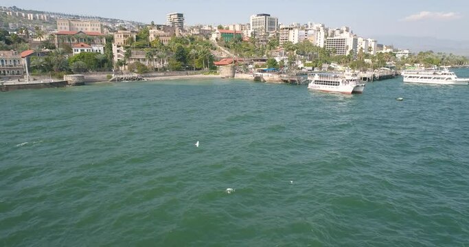 Aerial view of recreation ferry, Tiberias, Sea of Galilee, Israel.