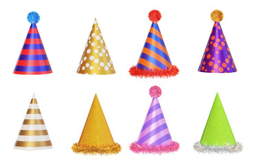 Assortment of paper party hats isolated on transparent background. 3D rendering