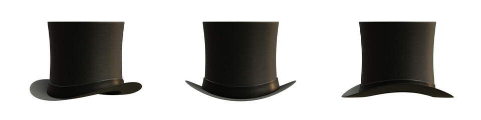 Classic black top hat from different angles isolated on transparent background. 3D rendering - obrazy, fototapety, plakaty