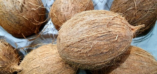 Coconut closeup. Ripe coconut. Sweet coconut. Coconuts in the supermarket.