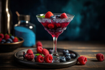Colorful cocktails garnished with berries. martini glass decorated with raspberries and blueberries. ai generative