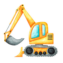 Backhoe loader watercolor illustration. Yellow excavator, loader. Construction equipment. Special equipment. Car, transport. Baby toy. Birthday. Illustration isolated. For printing on card, sticker