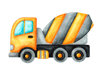Concrete mixer watercolor illustration. Yellow concrete mixer. Construction equipment. Special equipment. Car, transport. Baby toy. Birthday. Illustration isolated. For printing on postcards, stickers