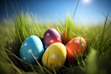 Easter eggs in the grass. Ai illustration, fantasy digital art, artificial intelligence artwork