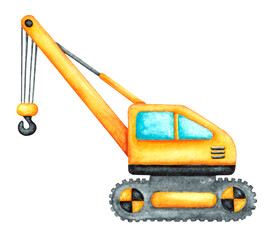 Truck crane watercolor illustration. Yellow truck crane. Construction equipment. Special equipment. Car, transport. Baby toy. Birthday. Illustration isolated. For printing on postcards, stickers