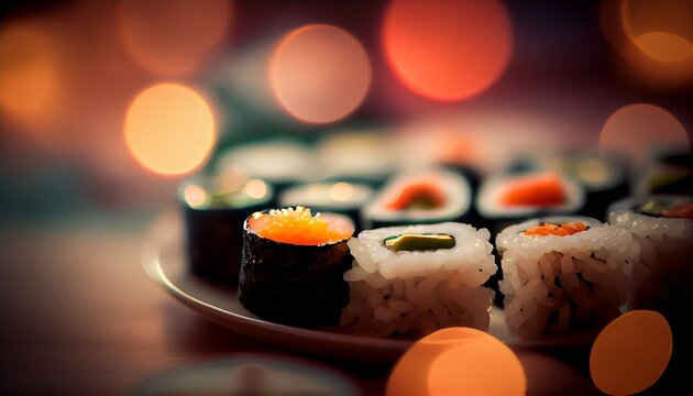 Sushi maki rolls closeup set. Traditional Japanese composition on dark bokeh background. Generative AI illustration