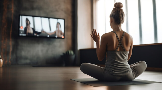 Seen from behind fit sports woman in fitness clothes in the modern living room attending virtual fitness class on screen while sitting on fitness mat. cinematic shots of virtual fitness ai generative
