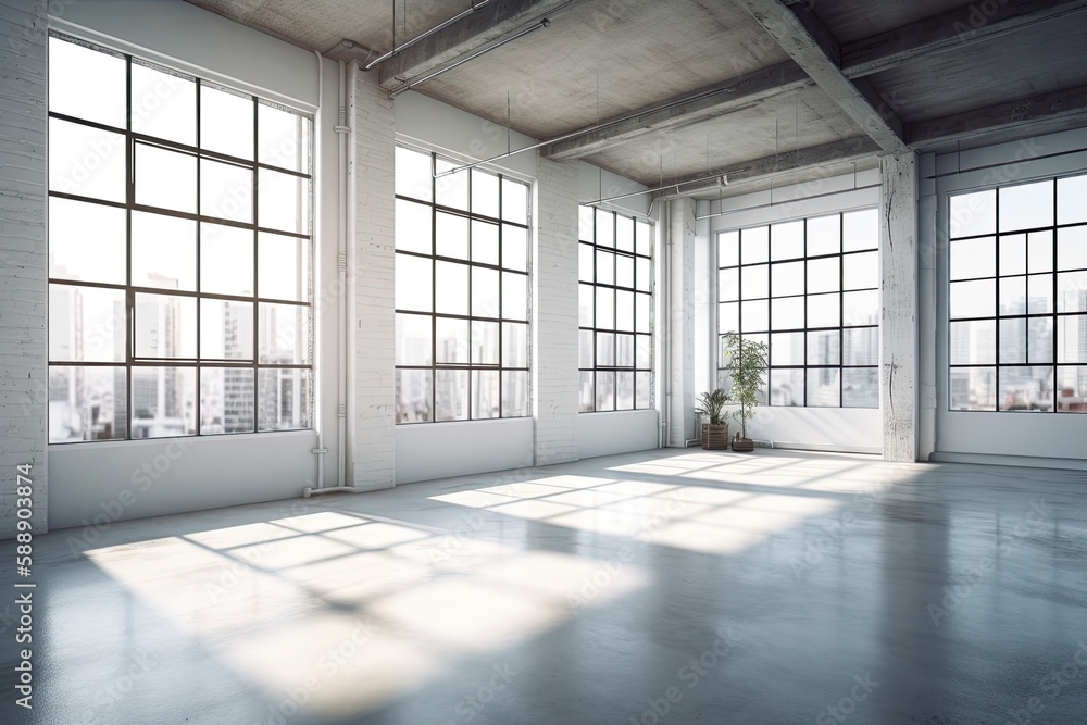 Poster loft with lots of light and windows. generative ai