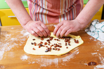 Woman baker rolls raisins into pastry dough for making buns at home kitchen.