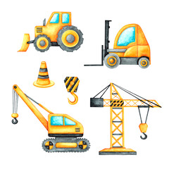 Construction machinery watercolor illustration. Yellow truck crane, building crane, forklift, bulldozer, traffic signs. Special equipment. Baby toy. Birthday. Illustration isolated. For printing