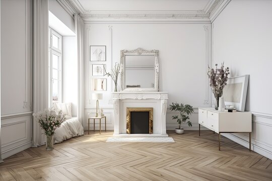 Realistic image of a white room's interior, complete with a fake fireplace and fresh flowers, an empty picture hanging on the wall, and a carpet over herringbone parquet. Generative AI