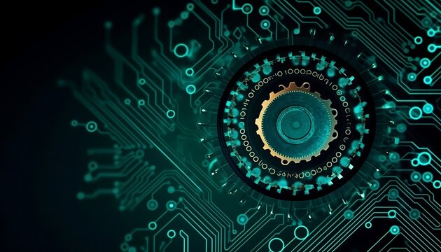 gear wheel on circuit board. Illustration hi-tech, engineering, digital engineer concept.web- template, business tech, business team. Generative Ai, technology, design, digital, generative, ai, Gear